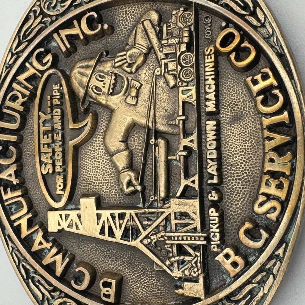 Vintage BC Manufacturing Inc Solid Brass Belt Buckle Award Design Medals Oil Gas